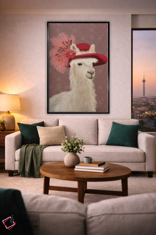 تابلو دکوراتیو لاما با کلاه پر قرمز اثر فب فانکی - D2B
