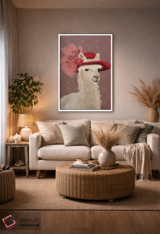 تابلو دکوراتیو لاما با کلاه پر قرمز اثر فب فانکی - D3W