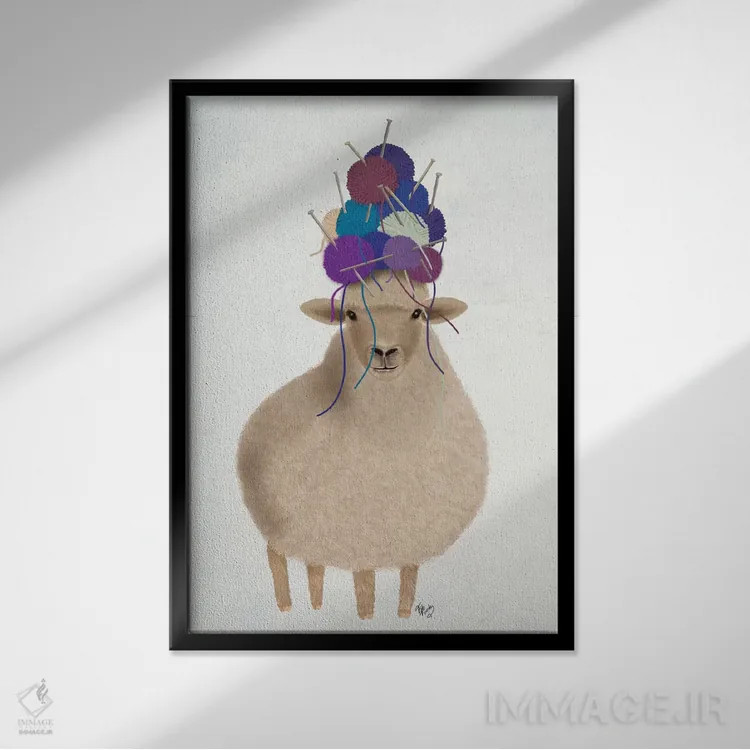 تابلو دکوراتیو گوسفند با کلاه پشمی اثر فب فانکی - نمای قابدار مشکی