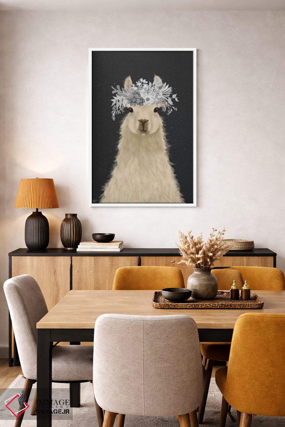 تابلو دکوراتیو لاما با گل های سفید اثر فب فانکی - D5W