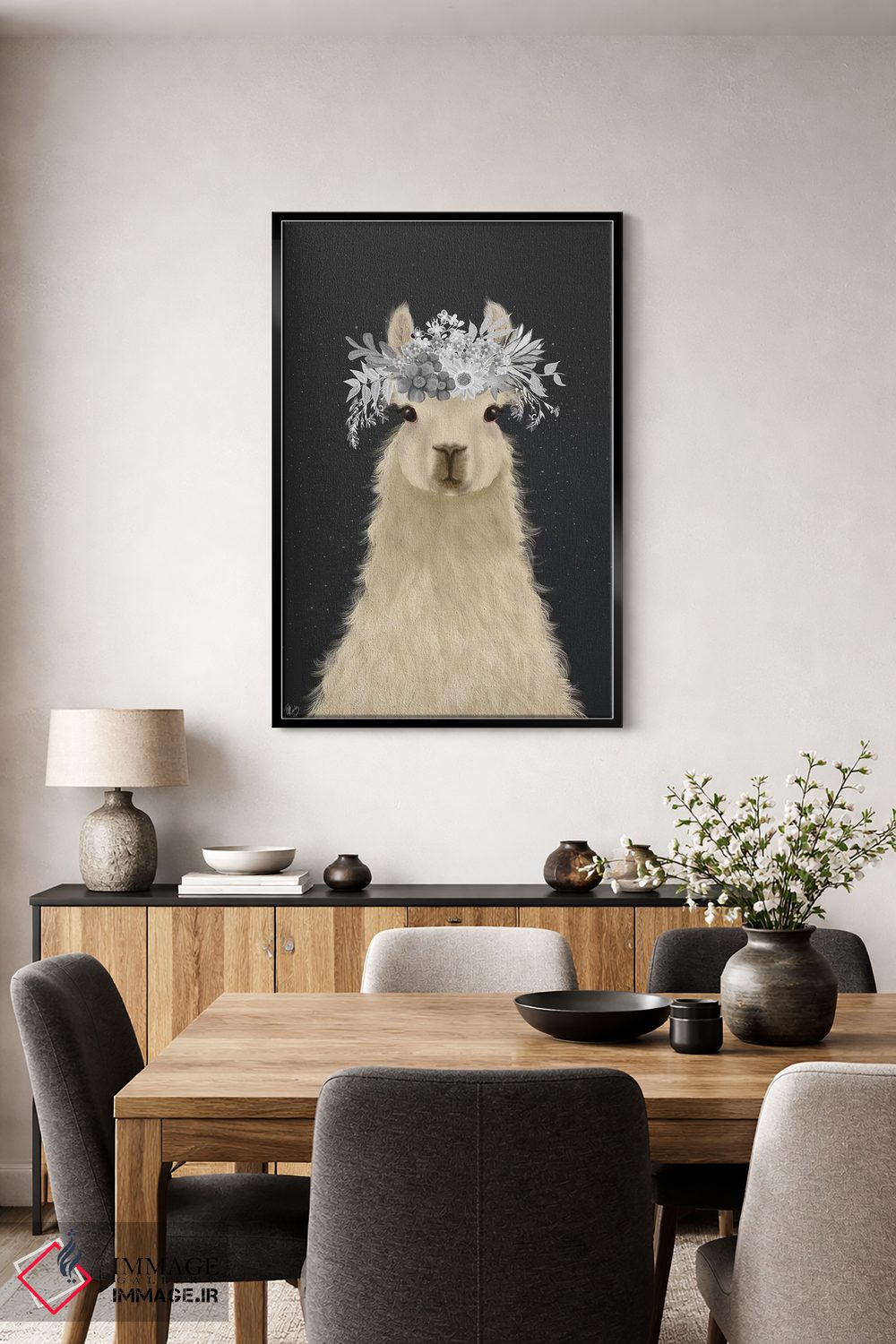 تابلو دکوراتیو لاما با گل های سفید اثر فب فانکی - D4B
