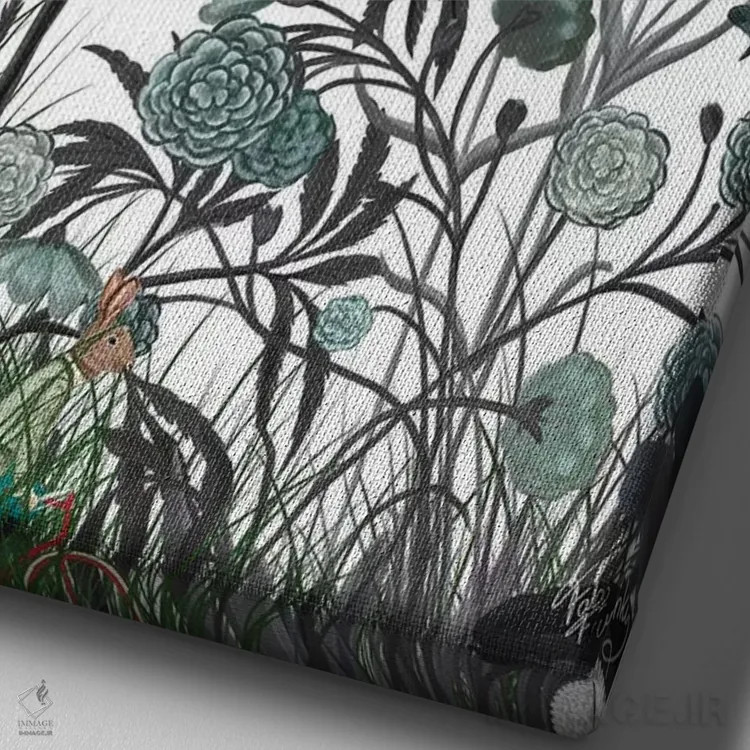 تابلو دکوراتیو شکوفه گل های وحشی با جغد اثر فب فانکی - نمای نزدیک بافت بوم