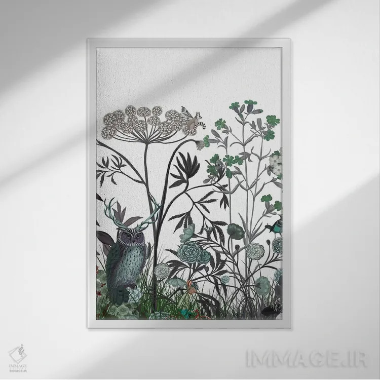 تابلو دکوراتیو شکوفه گل های وحشی با جغد اثر فب فانکی - نمای قابدار سفید