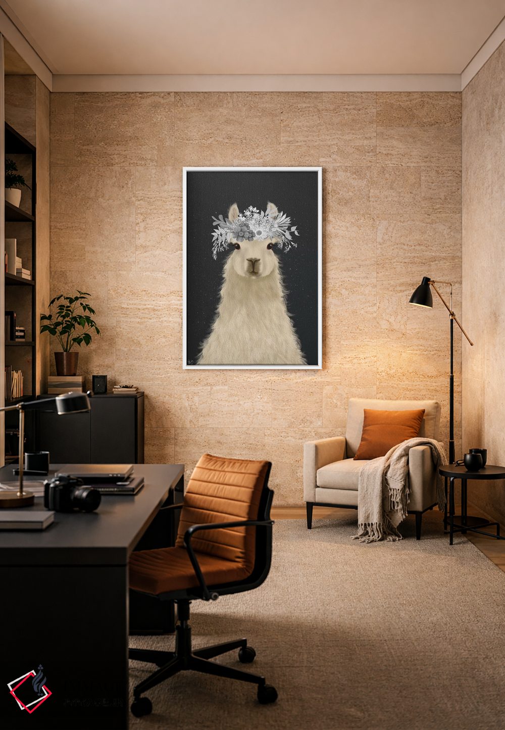 تابلو دکوراتیو لاما با گل های سفید اثر فب فانکی - D6W