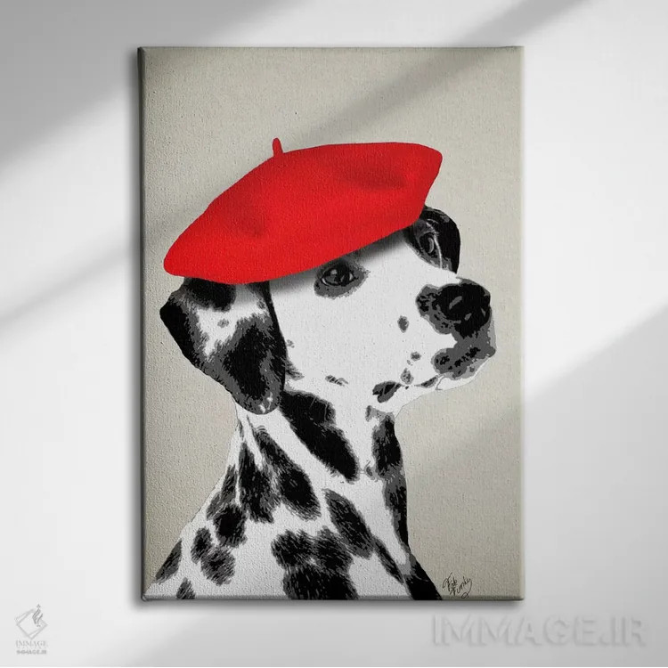 تابلو دکوراتیو سگ دالماتین با کلاه بره قرمز اثر فب فانکی - نمای روبهرو روی دیوار