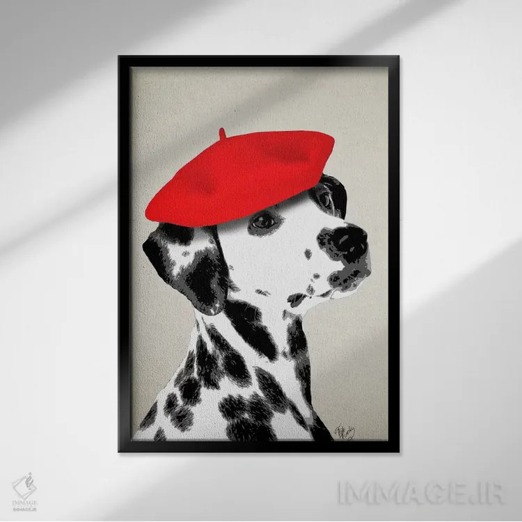 تابلو دکوراتیو سگ دالماتین با کلاه بره قرمز اثر فب فانکی - نمای قابدار مشکی