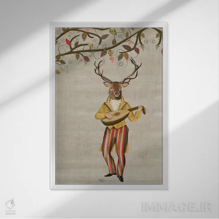 تابلو دکوراتیو گوزن نوازنده ۲ اثر فب فانکی - نمای قابدار سفید