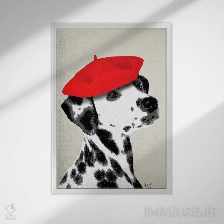 تابلو دکوراتیو سگ دالماتین با کلاه بره قرمز اثر فب فانکی - نمای قابدار سفید