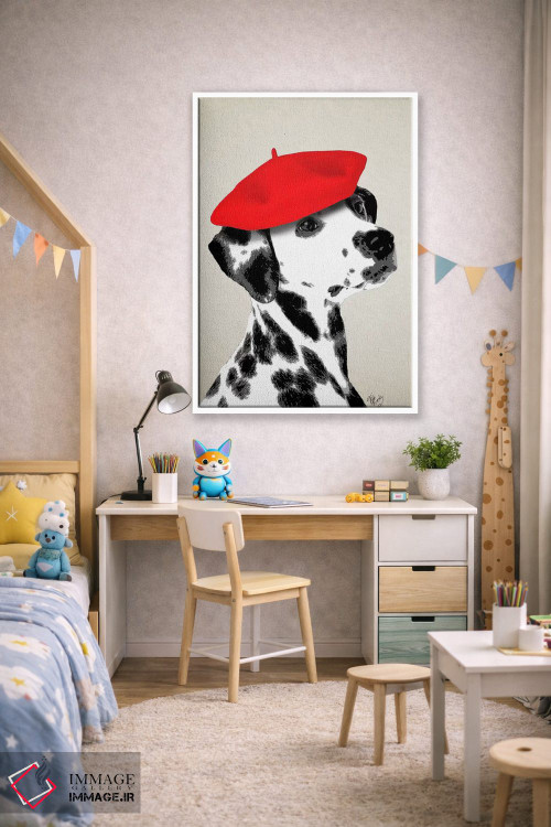 تابلو دکوراتیو سگ دالماتین با کلاه بره قرمز اثر فب فانکی - D1W
