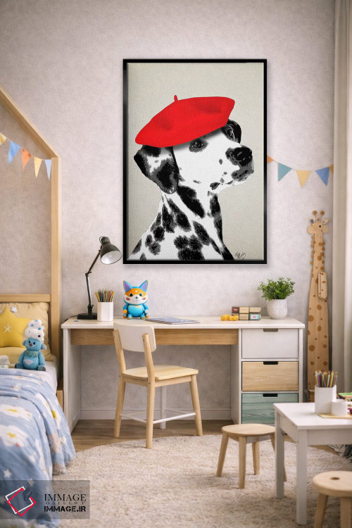 تابلو دکوراتیو سگ دالماتین با کلاه بره قرمز اثر فب فانکی - D2B