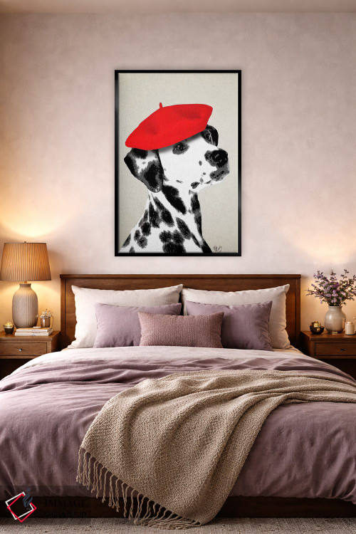 تابلو دکوراتیو سگ دالماتین با کلاه بره قرمز اثر فب فانکی - D4B