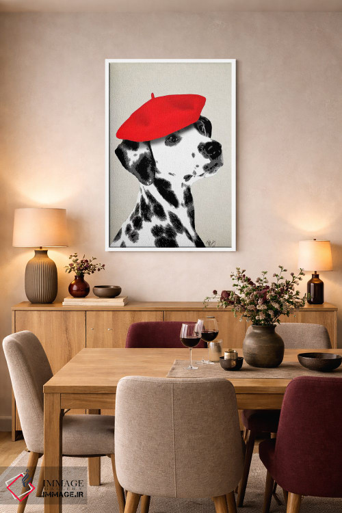 تابلو دکوراتیو سگ دالماتین با کلاه بره قرمز اثر فب فانکی - D6W