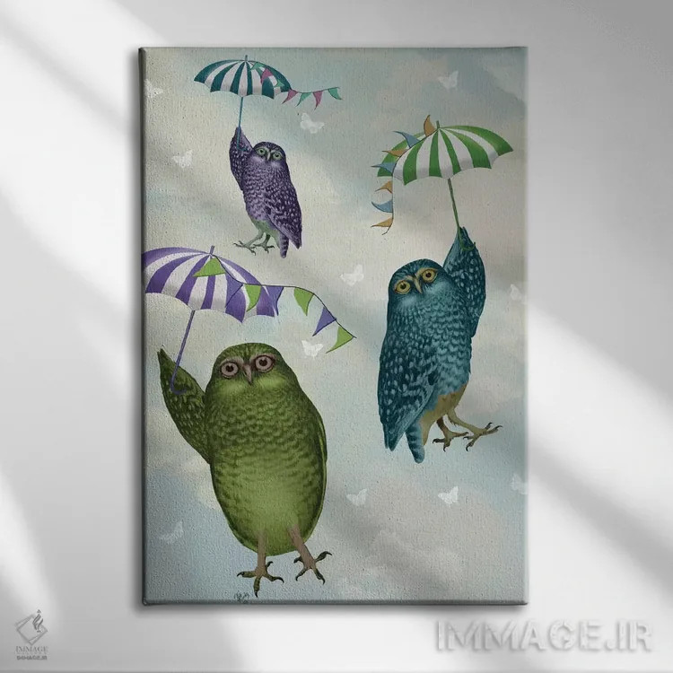 تابلو دکوراتیو جغدها با چتر ۲ اثر فب فانکی - نمای روبهرو روی دیوار
