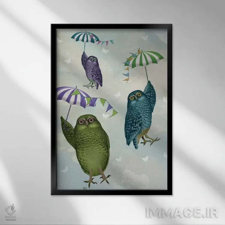 تابلو دکوراتیو جغدها با چتر ۲ اثر فب فانکی - نمای قابدار مشکی