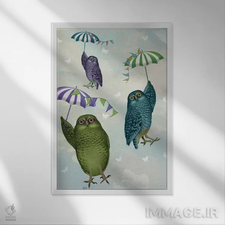 تابلو دکوراتیو جغدها با چتر ۲ اثر فب فانکی - نمای قابدار سفید