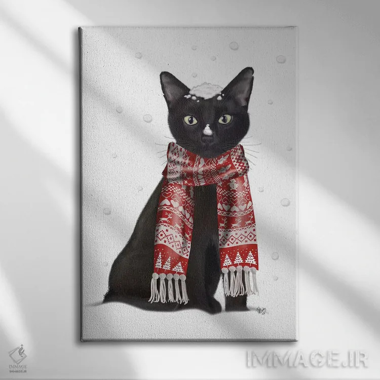 تابلو دکوراتیو گربه سیاه با شال قرمز اثر فب فانکی - نمای روبهرو روی دیوار