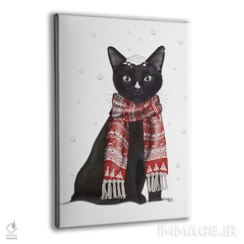 تابلو دکوراتیو گربه سیاه با شال قرمز اثر فب فانکی - نمای پرسپکتیو محصول