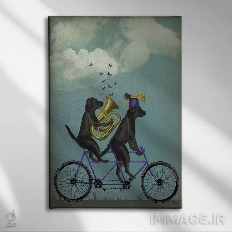 تابلو دکوراتیو لابرادور سیاه دوچرخه دونفره اثر فب فانکی - نمای روبهرو روی دیوار