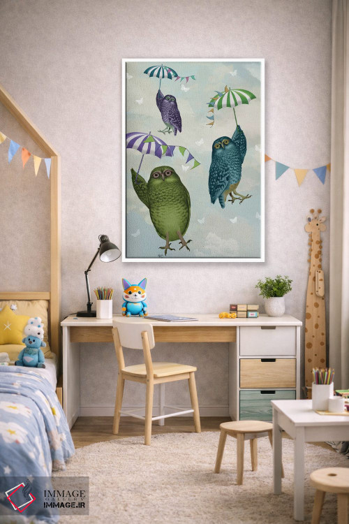 تابلو دکوراتیو جغدها با چتر ۲ اثر فب فانکی - D1W