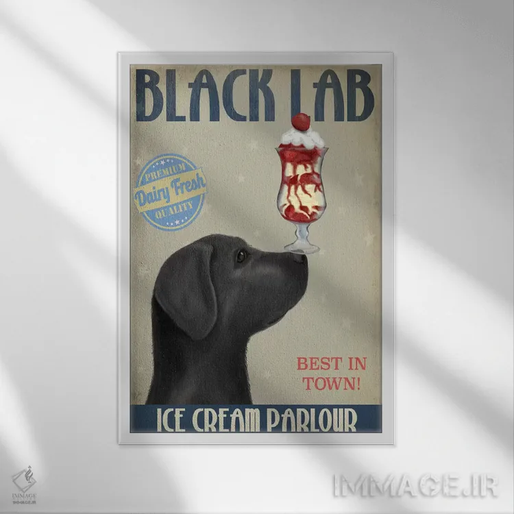تابلو دکوراتیو لابرادور سیاه در بستنی فروشی اثر فب فانکی - نمای قابدار سفید