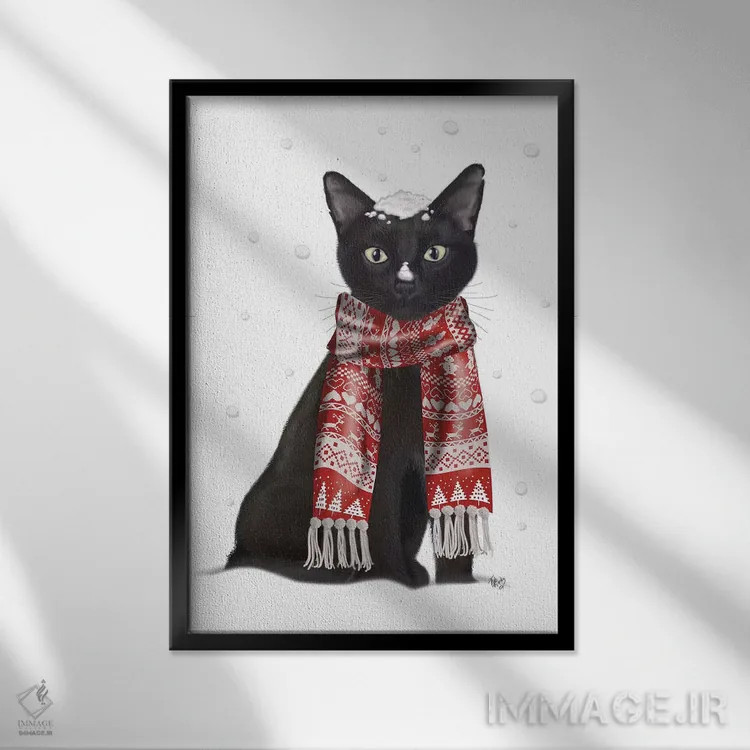 تابلو دکوراتیو گربه سیاه با شال قرمز اثر فب فانکی - نمای قابدار مشکی
