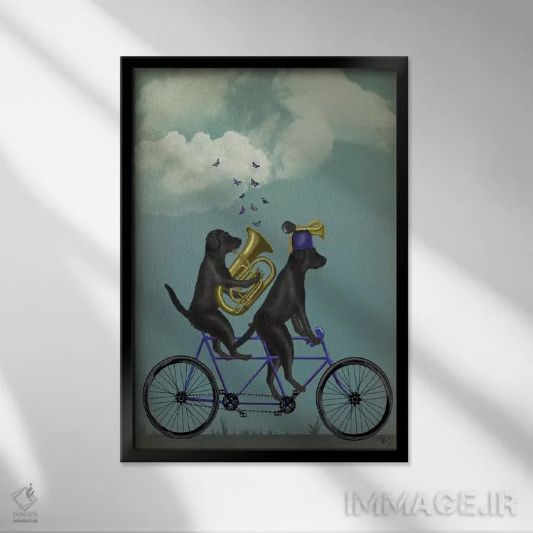 تابلو دکوراتیو لابرادور سیاه دوچرخه دونفره اثر فب فانکی - نمای قابدار مشکی