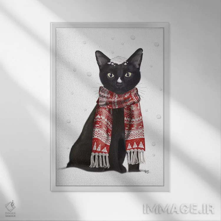 تابلو دکوراتیو گربه سیاه با شال قرمز اثر فب فانکی - نمای قابدار سفید