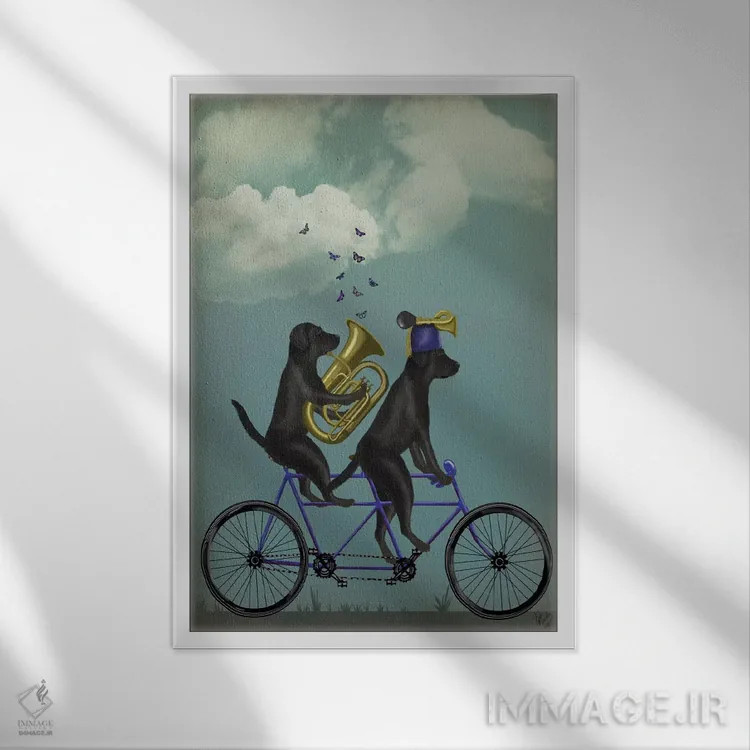 تابلو دکوراتیو لابرادور سیاه دوچرخه دونفره اثر فب فانکی - نمای قابدار سفید