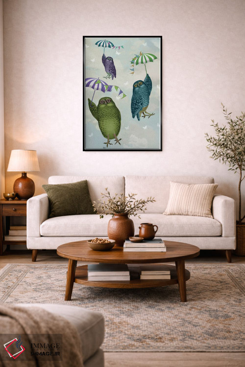 تابلو دکوراتیو جغدها با چتر ۲ اثر فب فانکی - D4B