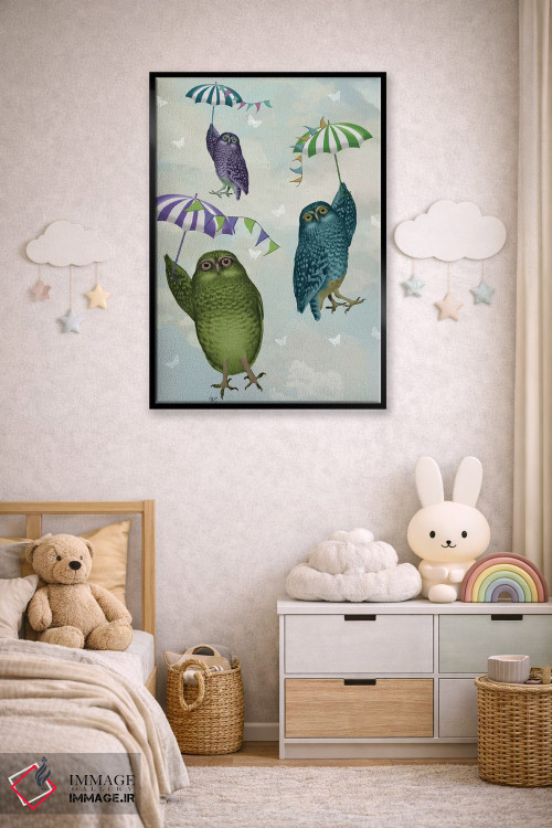تابلو دکوراتیو جغدها با چتر ۲ اثر فب فانکی - D5B