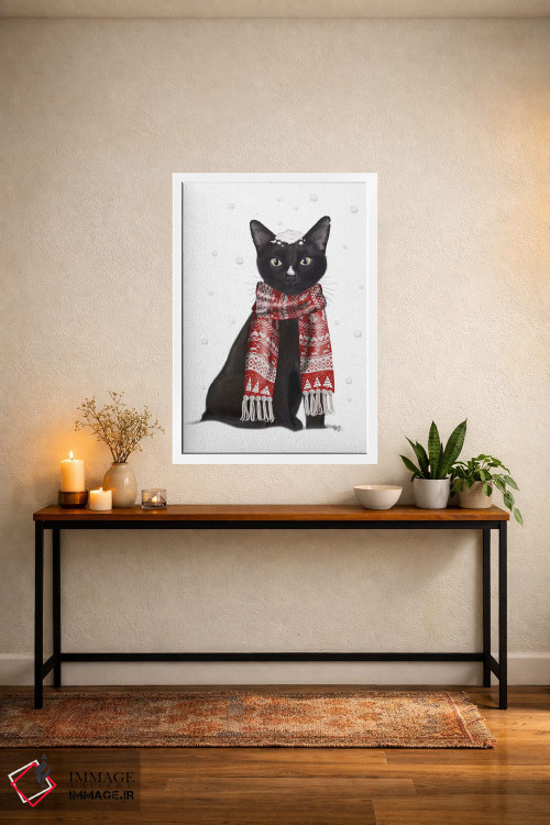 تابلو دکوراتیو گربه سیاه با شال قرمز اثر فب فانکی - D3W