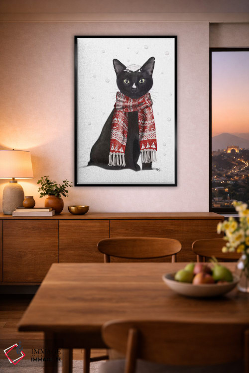 تابلو دکوراتیو گربه سیاه با شال قرمز اثر فب فانکی - D2B
