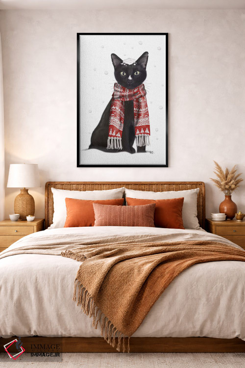 تابلو دکوراتیو گربه سیاه با شال قرمز اثر فب فانکی - D4B