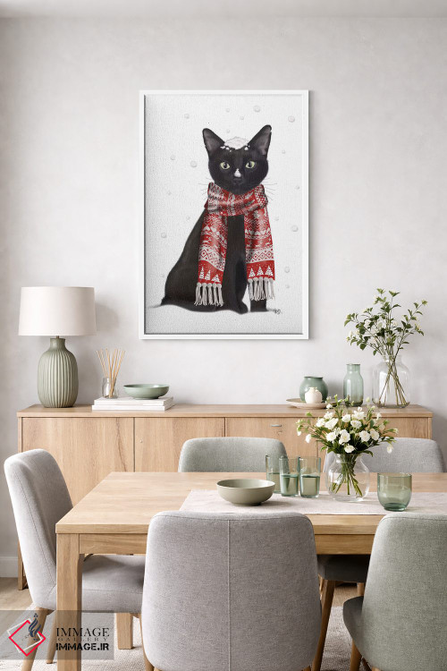 تابلو دکوراتیو گربه سیاه با شال قرمز اثر فب فانکی - D5W