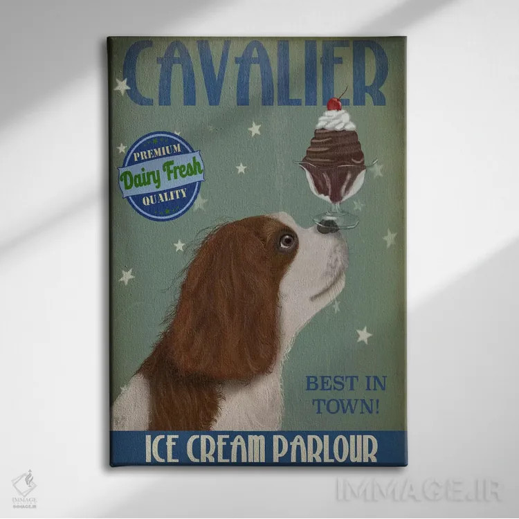 تابلو دکوراتیو کاولیر کینگ چارلز در بستنی فروشی اثر فب فانکی - نمای روبهرو روی دیوار