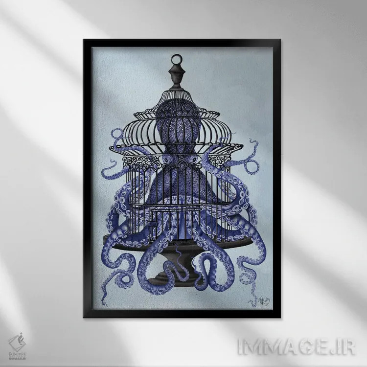 تابلو دکوراتیو اختاپوس آبی در قفس اثر فب فانکی - نمای قابدار مشکی