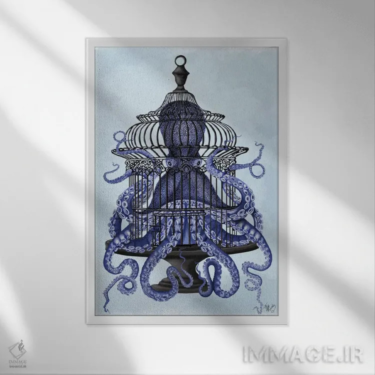 تابلو دکوراتیو اختاپوس آبی در قفس اثر فب فانکی - نمای قابدار سفید