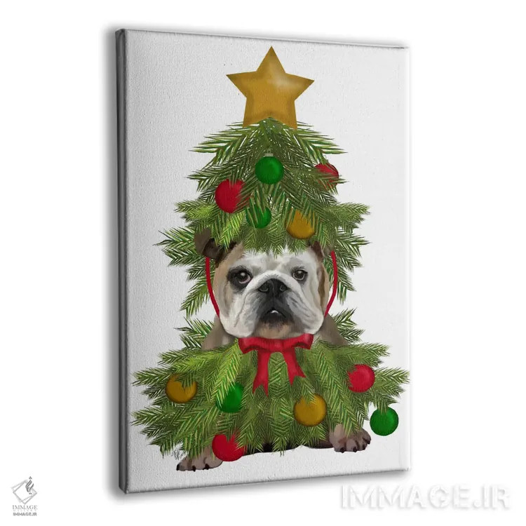 تابلو دکوراتیو بولداگ انگلیسی با لباس درخت کریسمس اثر فب فانکی - نمای پرسپکتیو محصول