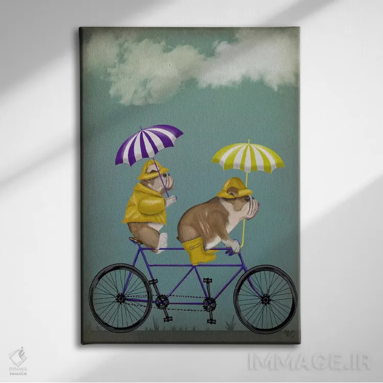 تابلو دکوراتیو بولداگ انگلیسی روی دوچرخه دونفره اثر فب فانکی - نمای روبهرو روی دیوار