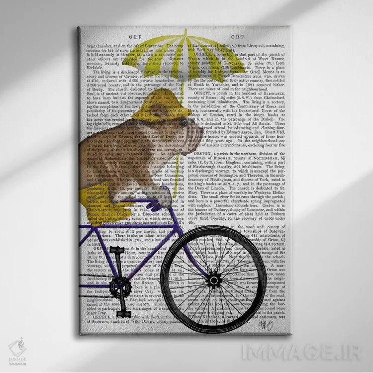 تابلو دکوراتیو بولداگ انگلیسی روی دوچرخه، پس زمینه چاپی اثر فب فانکی - نمای روبهرو روی دیوار