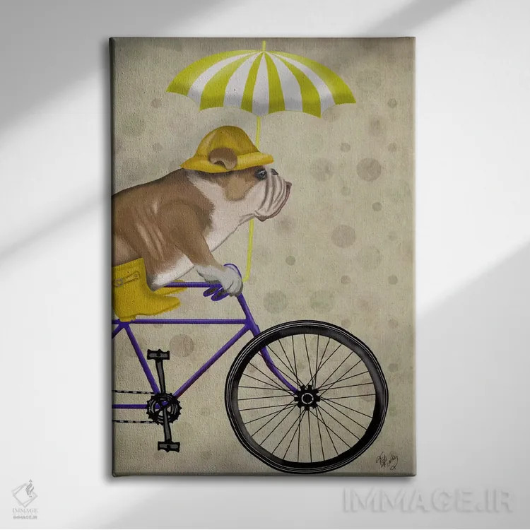 تابلو دکوراتیو بولداگ انگلیسی روی دوچرخه اثر فب فانکی - نمای روبهرو روی دیوار