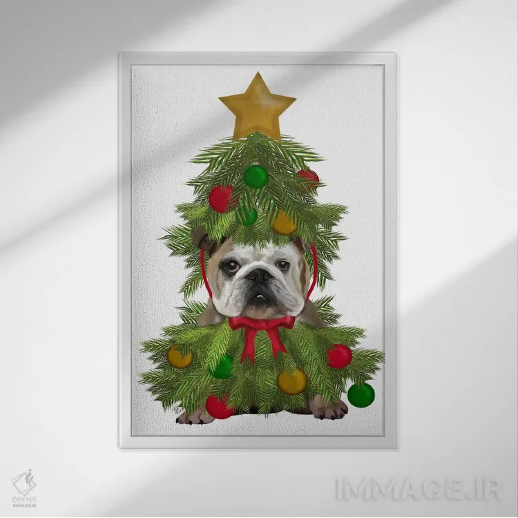 تابلو دکوراتیو بولداگ انگلیسی با لباس درخت کریسمس اثر فب فانکی - نمای قابدار سفید