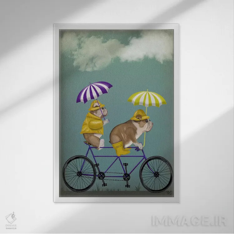 تابلو دکوراتیو بولداگ انگلیسی روی دوچرخه دونفره اثر فب فانکی - نمای قابدار سفید