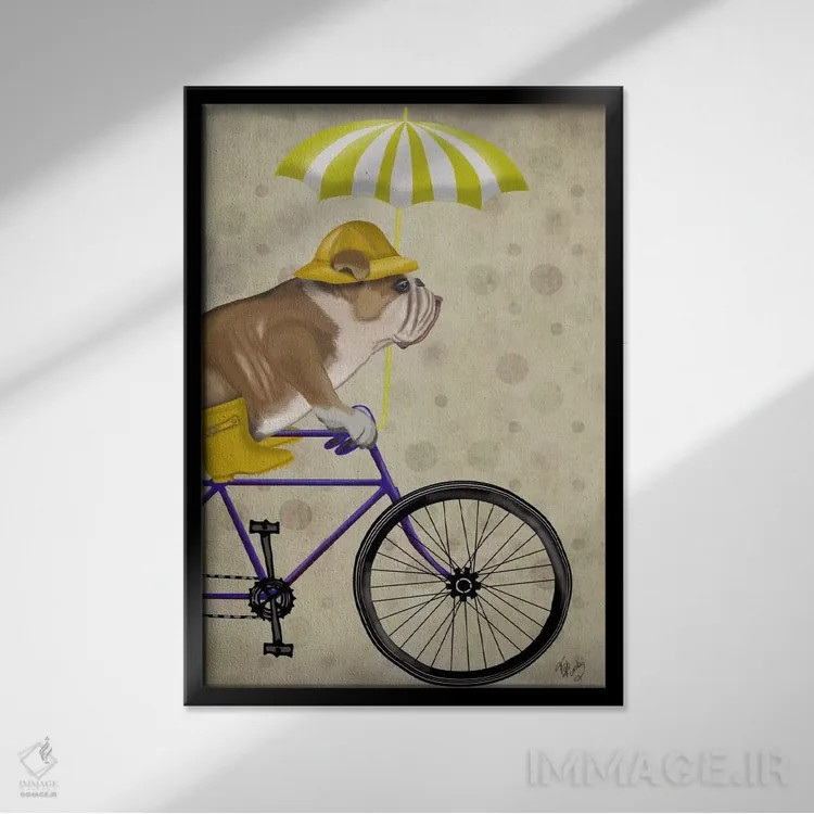 تابلو دکوراتیو بولداگ انگلیسی روی دوچرخه اثر فب فانکی - نمای قابدار مشکی