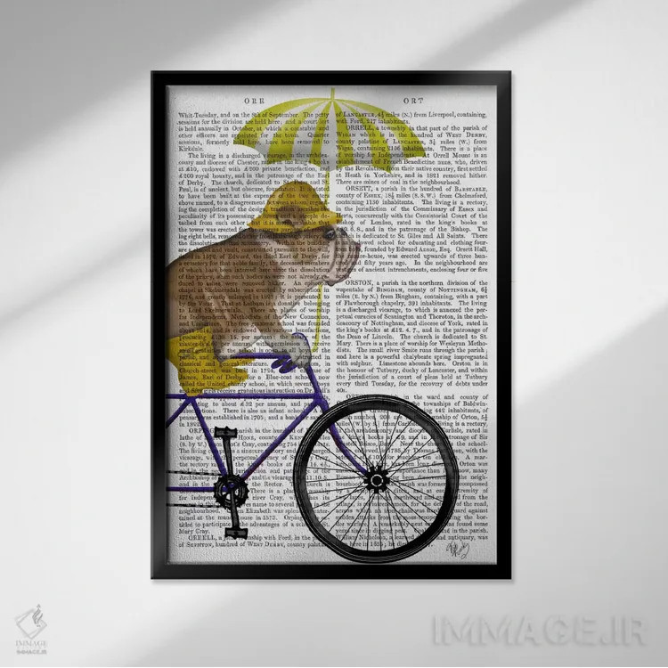 تابلو دکوراتیو بولداگ انگلیسی روی دوچرخه، پس زمینه چاپی اثر فب فانکی - نمای قابدار مشکی