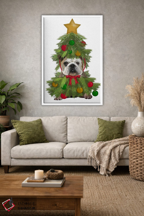 تابلو دکوراتیو بولداگ انگلیسی با لباس درخت کریسمس اثر فب فانکی - D1W