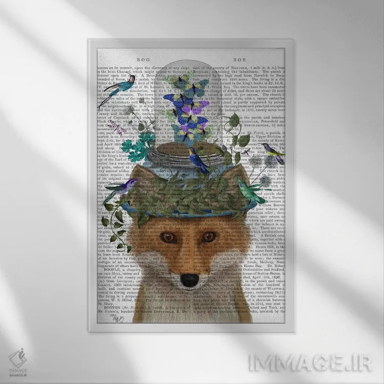 تابلو دکوراتیو روباه با شیشه ی پروانه، پس زمینه چاپی اثر فب فانکی - نمای قابدار سفید