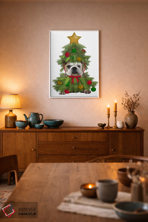 تابلو دکوراتیو بولداگ انگلیسی با لباس درخت کریسمس اثر فب فانکی - D5W