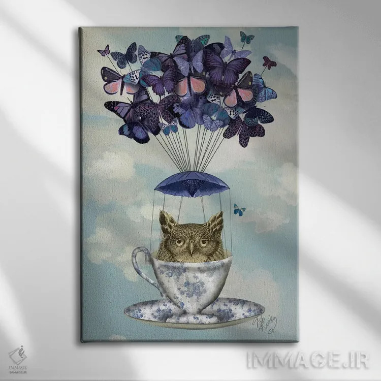 تابلو دکوراتیو جغد در فنجان چای اثر فب فانکی - نمای روبهرو روی دیوار