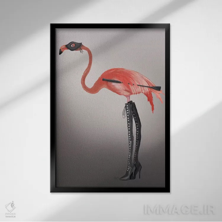 تابلو دکوراتیو فلامینگو با چکمه های خاص اثر فب فانکی - نمای قابدار مشکی